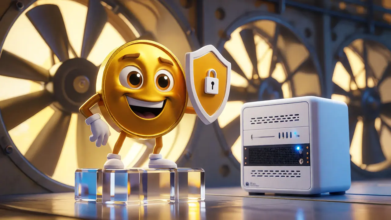 Anthropomorphic coin guarding a quiet server rack vs industrial fans