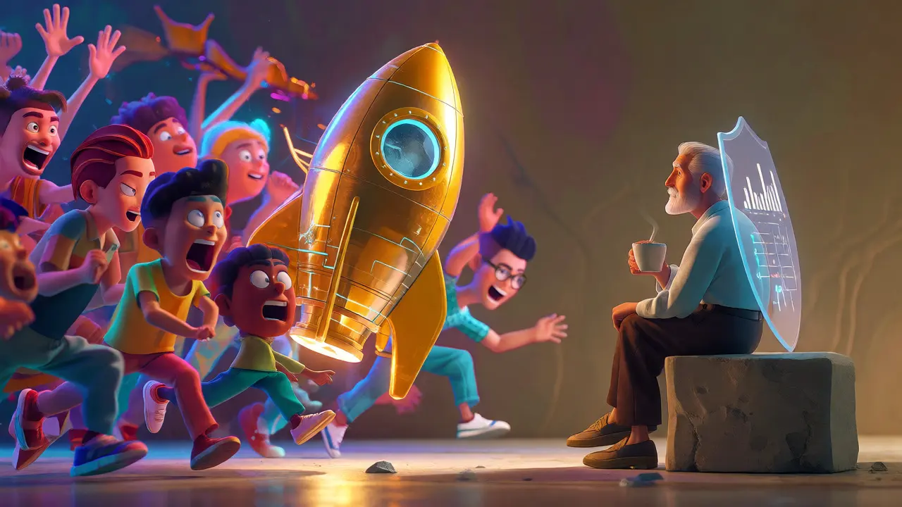 Calm mentor observing a chaotic crowd chasing an unstable golden rocket ship.