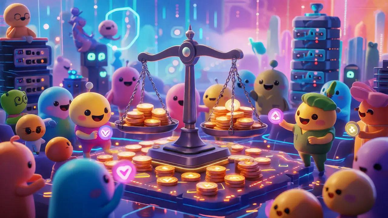 Cartoon characters trading tokens around a balancing scale on a digital island