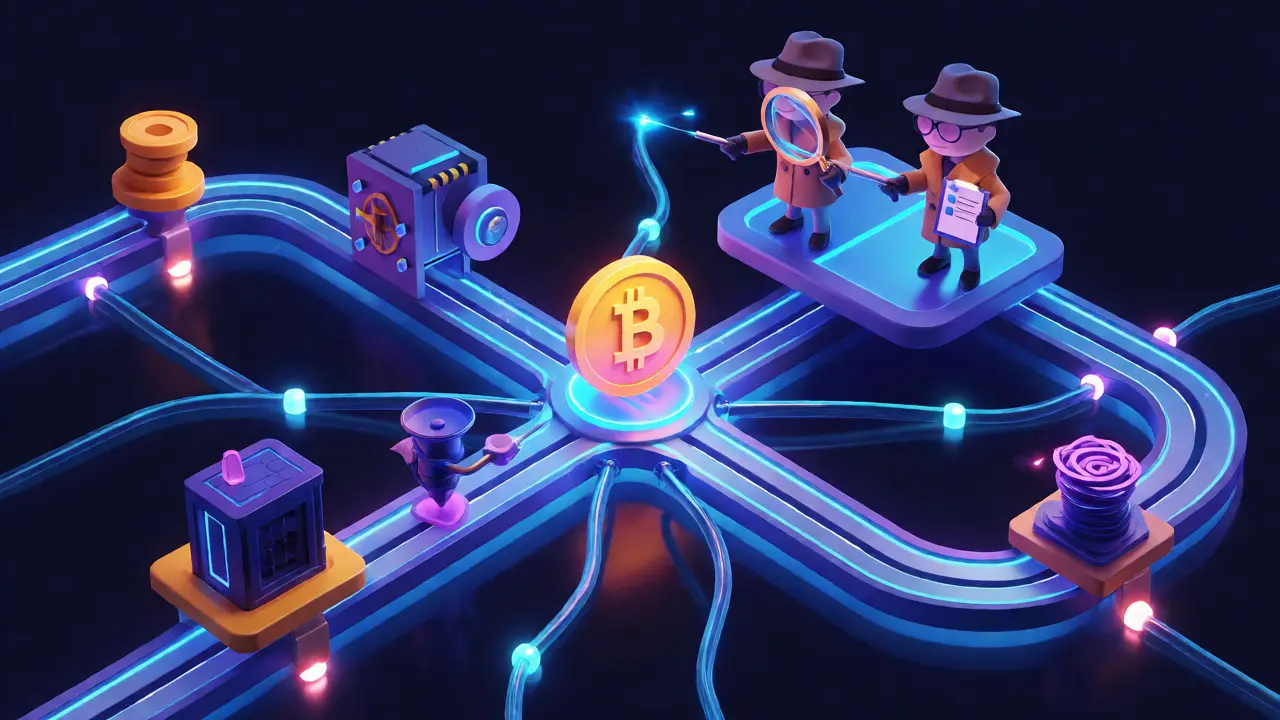 Cartoon investigators analyzing a glowing blockchain transaction map