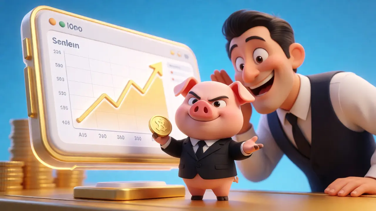 Cartoon pig in a suit next to a fake trading interface