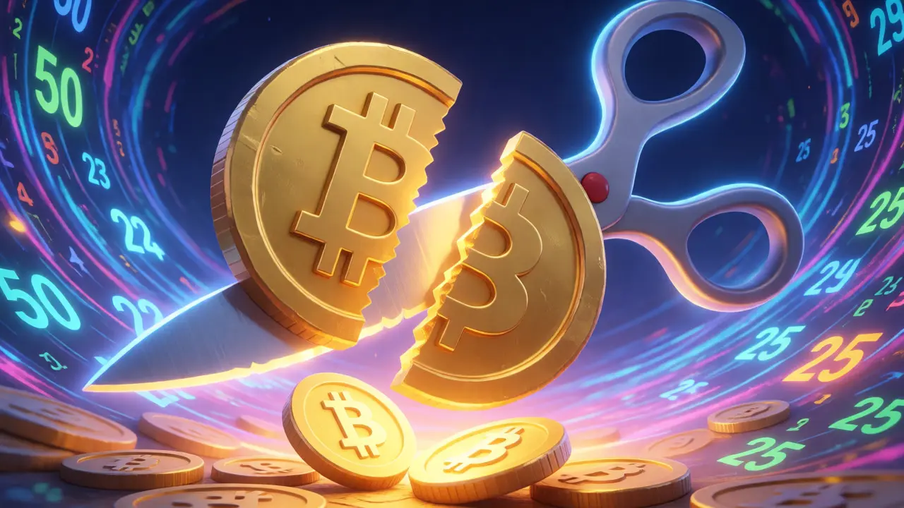 Cartoon scissors cutting a golden Bitcoin coin in half amidst digital effects.