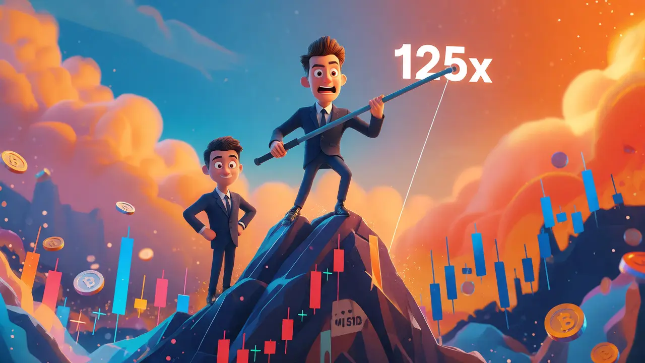 Cartoon trader balancing on a peak with a giant lever, symbolizing high leverage risk.