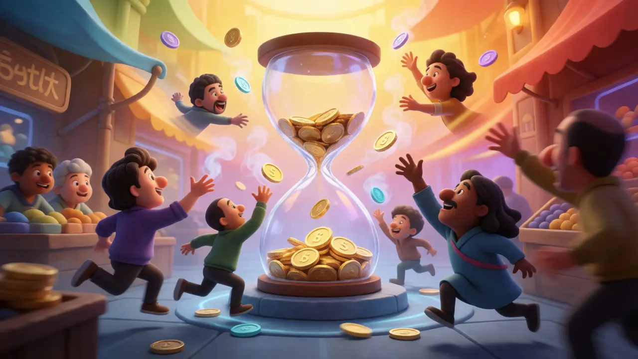 Cartoon traders chasing dissolving tokens around a giant hourglass in a digital market.