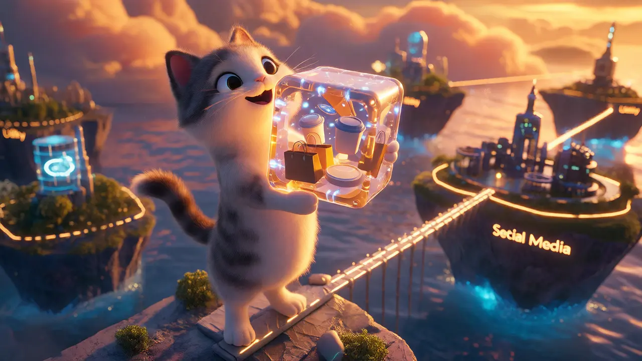 Cat holding a blockchain block with retail items, bridging crypto and shopping.
