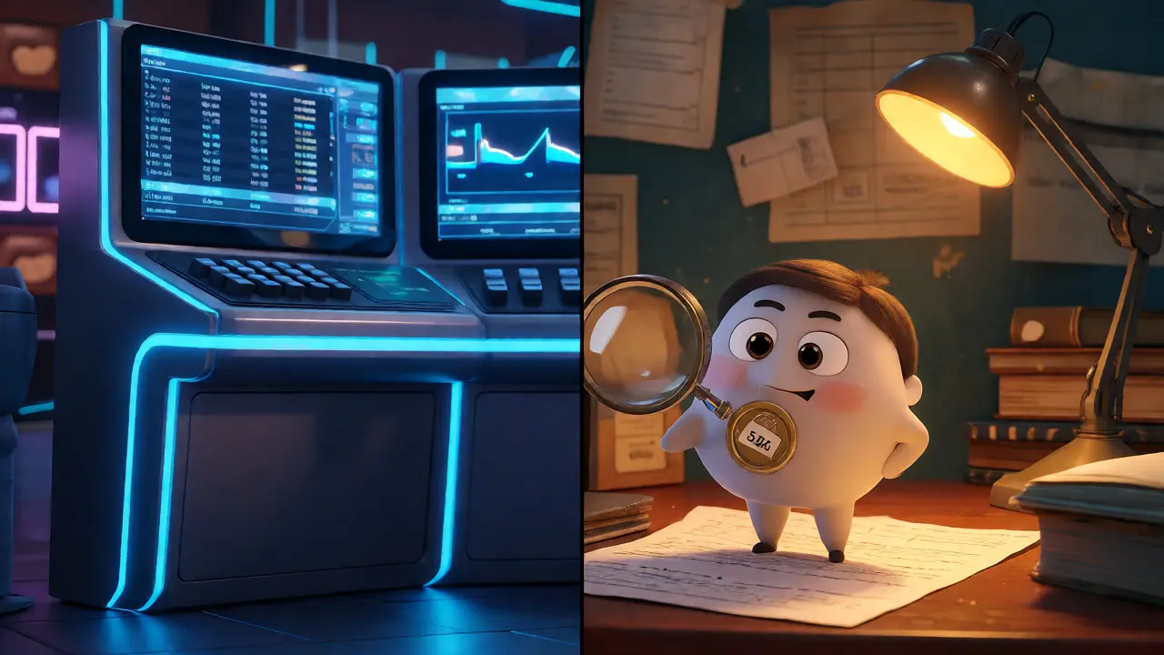 Character comparing high fees vs low fees with a magnifying glass