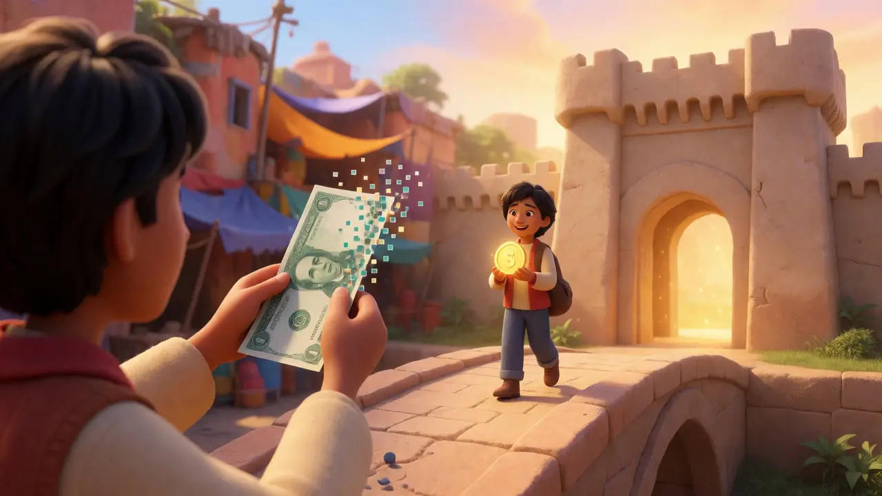 Character transitioning from fiat money to digital coins near a fortress