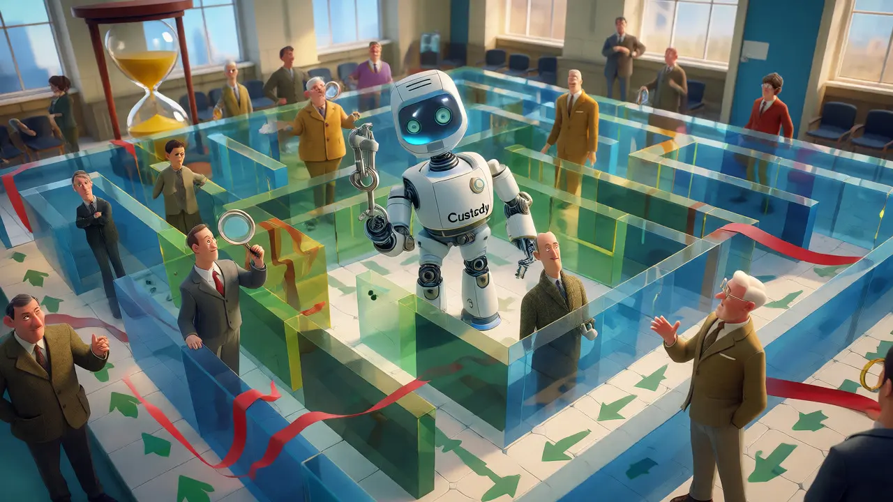 Characters navigating a glass maze around a custody robot