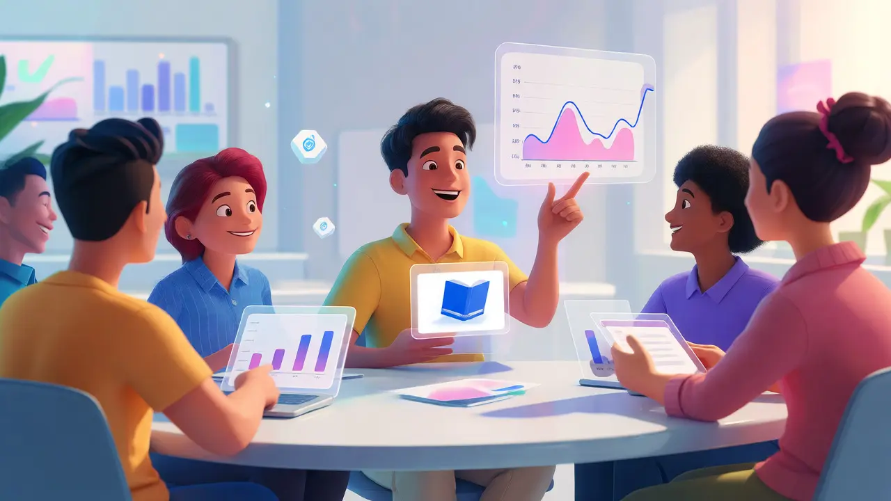 Characters studying simple crypto charts in a bright educational setting