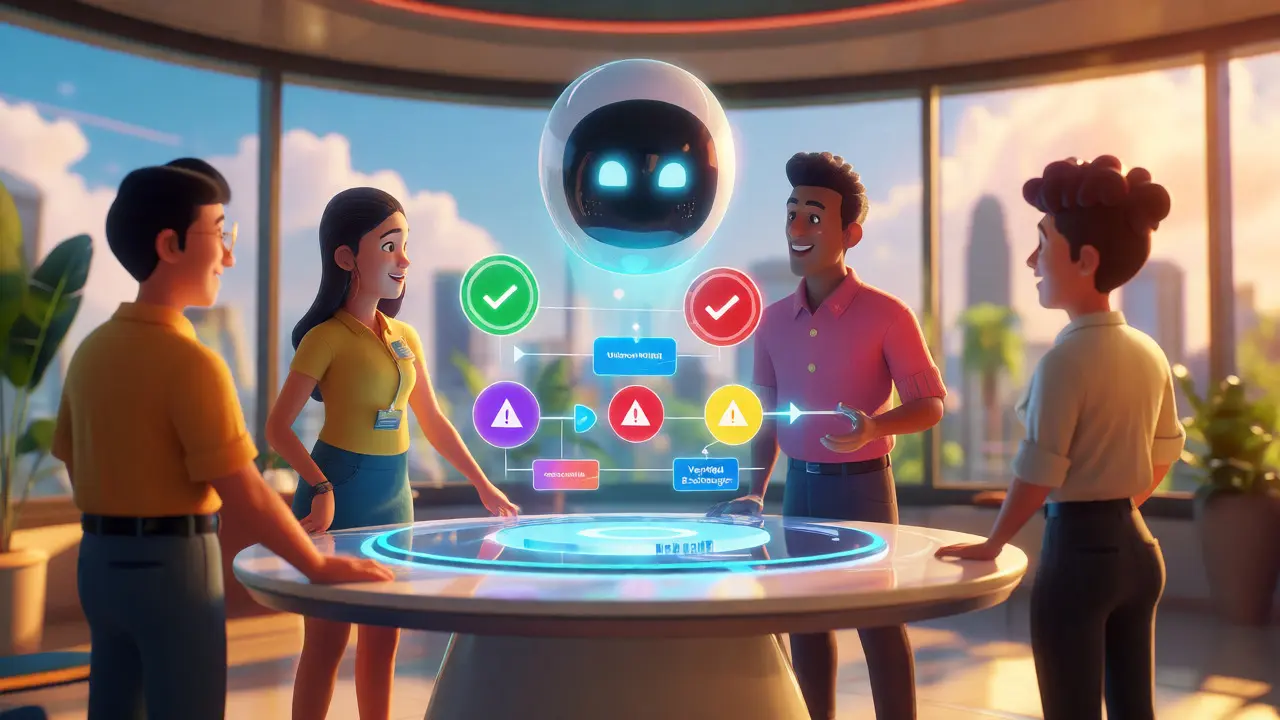 Compliance team reviewing a holographic crypto risk dashboard