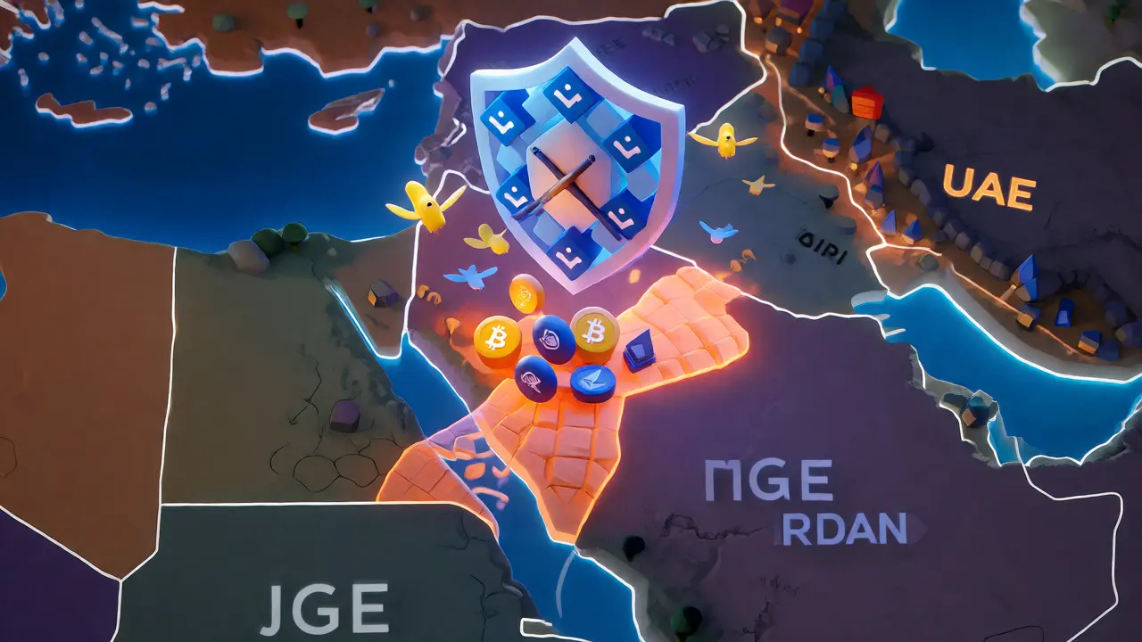 Conceptual art showing Jordan as a safe, regulated hub for digital assets in the Middle East.