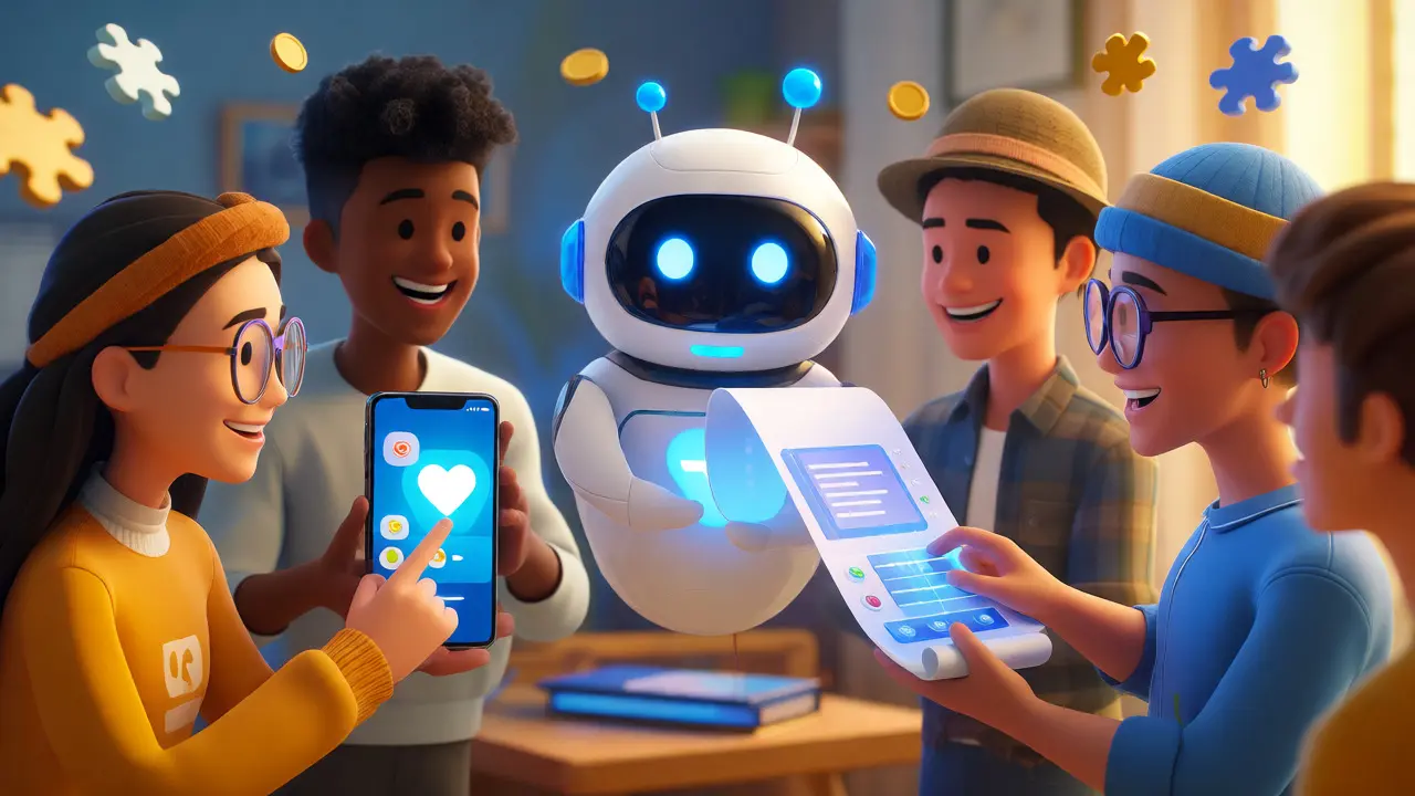 Cute avatars completing social media and form tasks for an NFT airdrop claim.