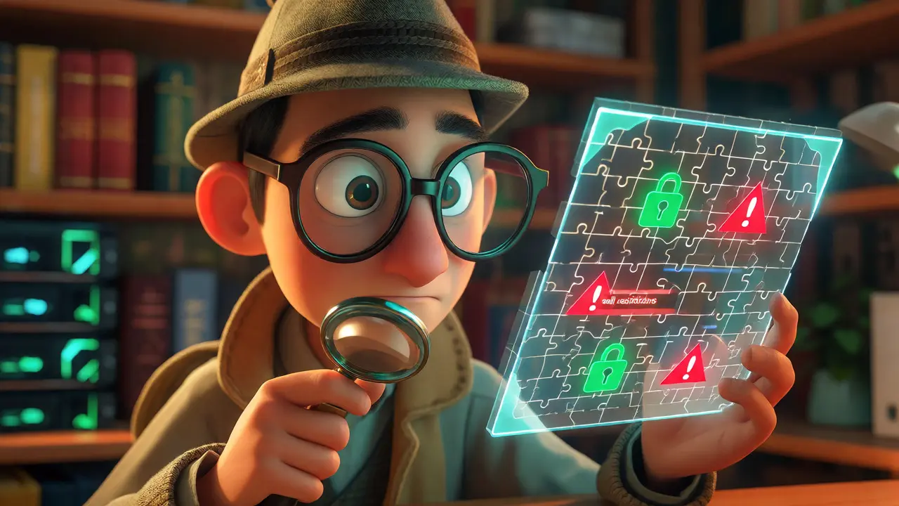 Detective character inspecting a glowing holographic smart contract for security locks.