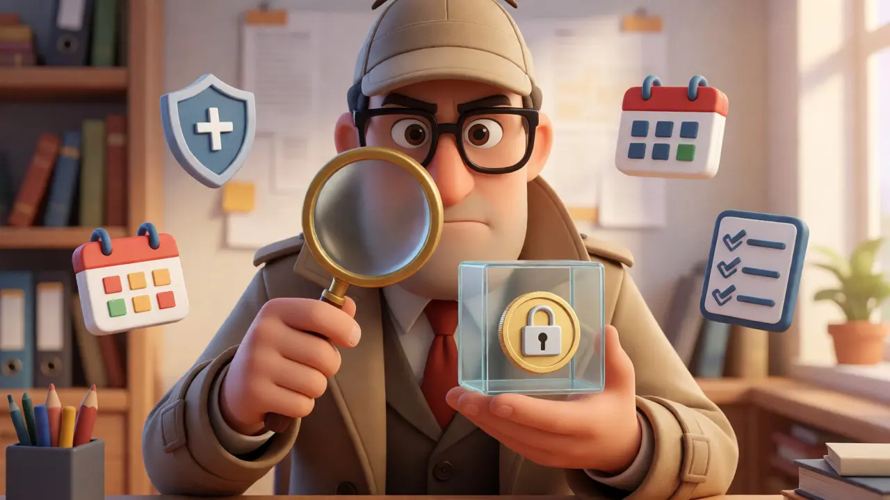 Detective inspecting a crypto coin with a magnifying glass