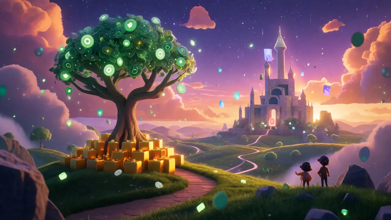 Explorers viewing a token-tree landscape leading to a metaverse castle under a sunset sky.