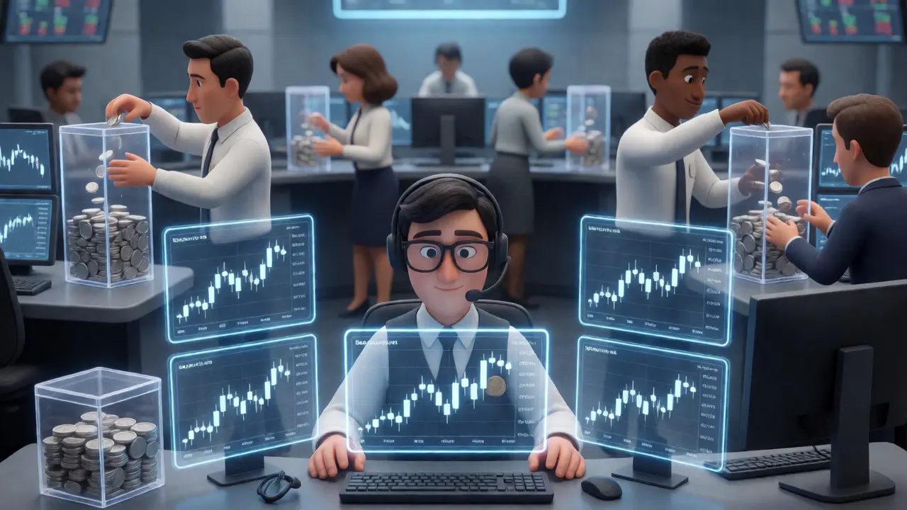 Focused trader monitoring holographic charts in a clean tech lab