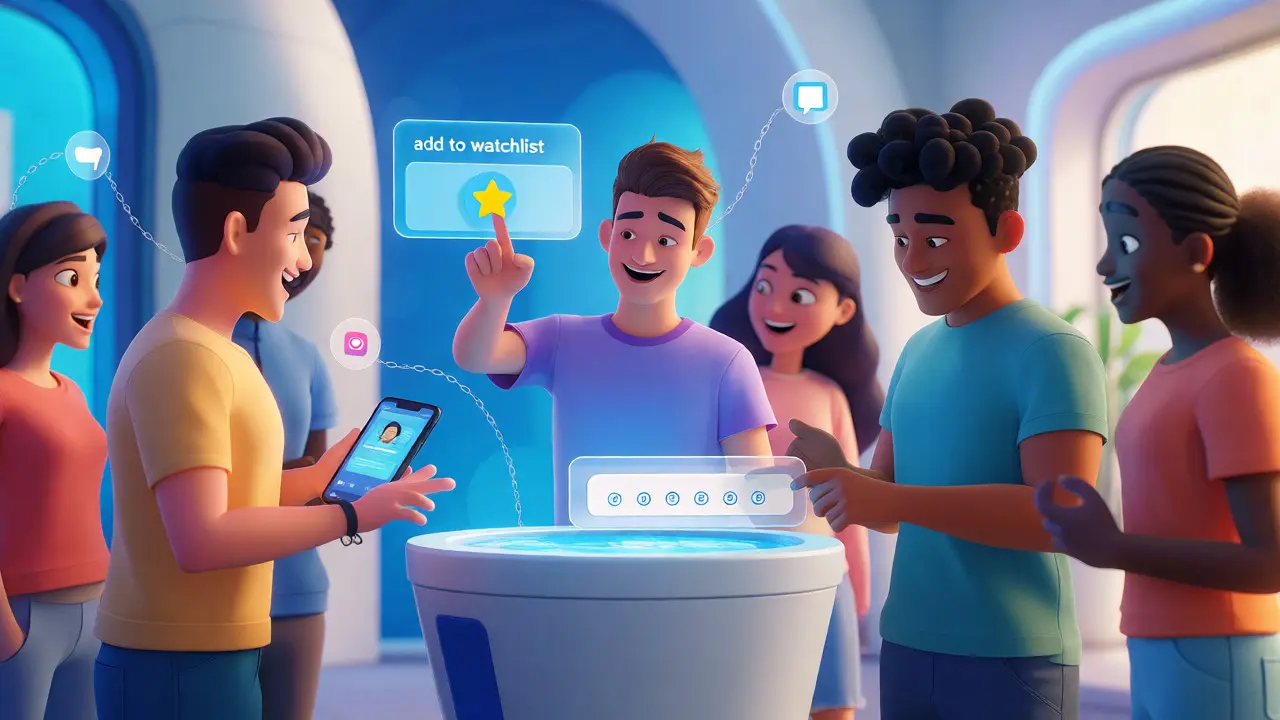 Friends engaging with social media and forms to qualify for a crypto airdrop.