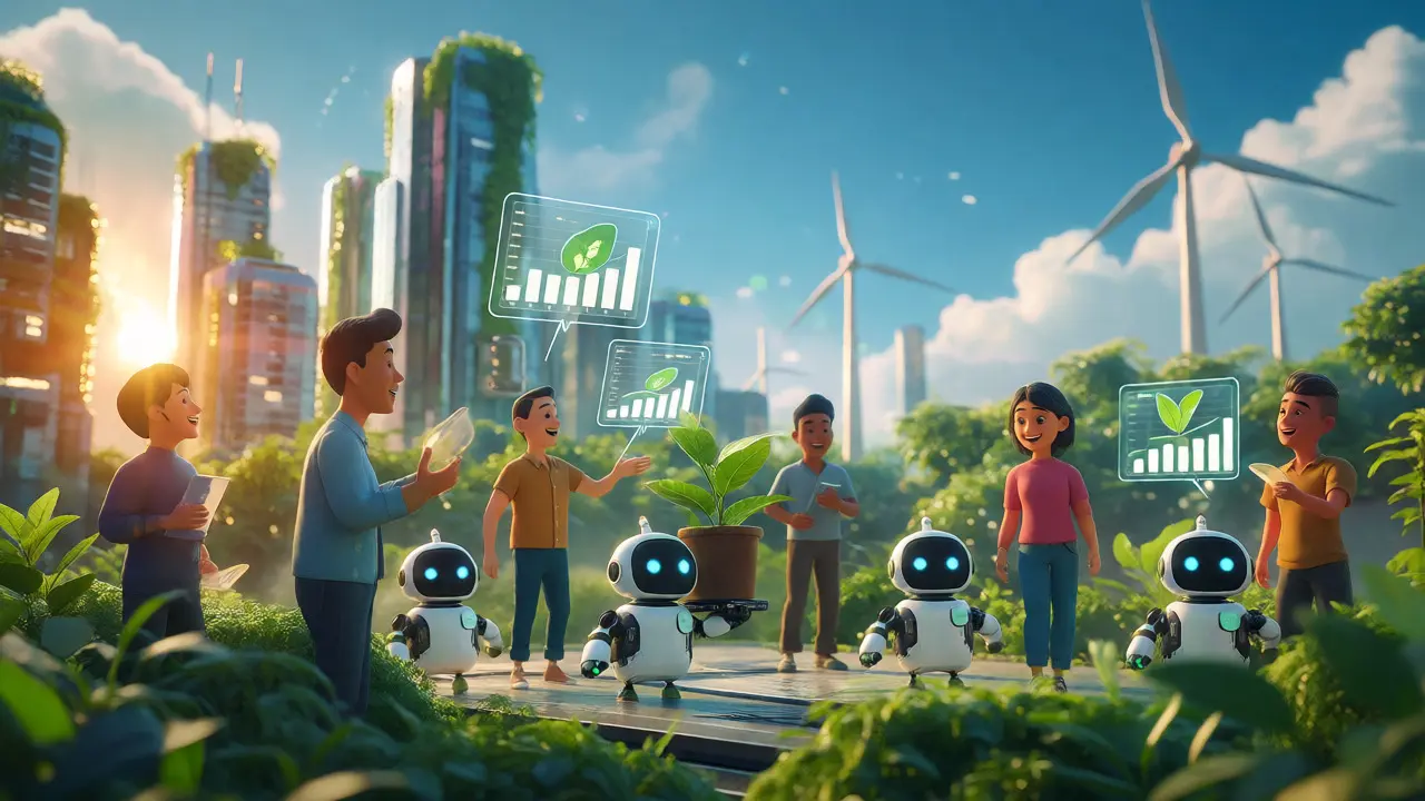Futuristic green city with robots and wind turbines for eco-crypto
