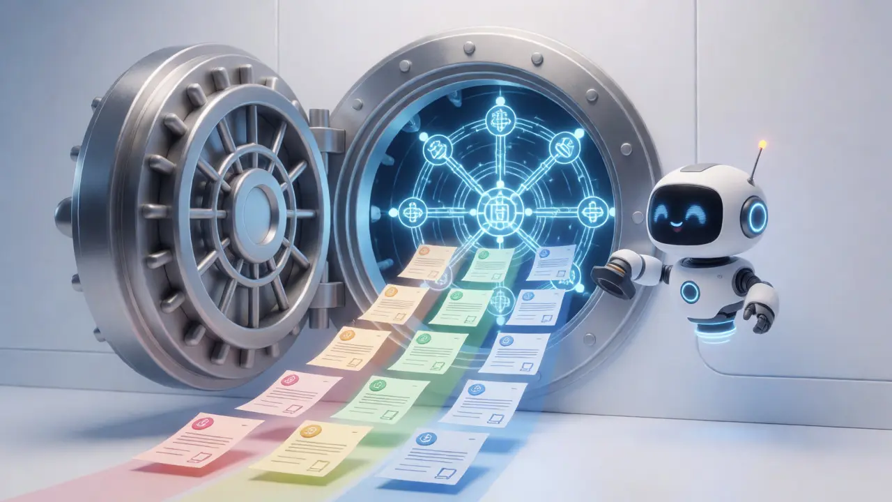 Futuristic vault opening to reveal organized blockchain data and tax documents in cartoon style.