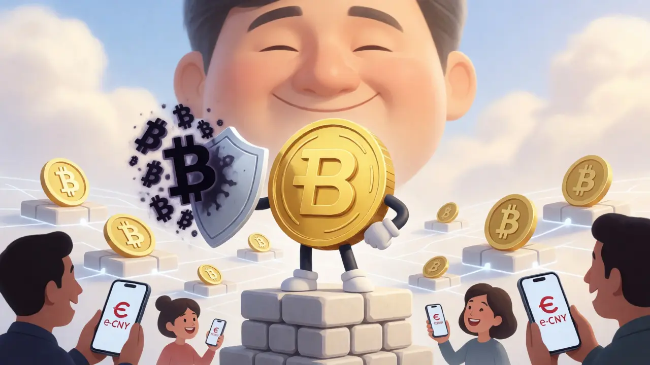 Golden digital yuan character blocking chaotic bitcoin symbols