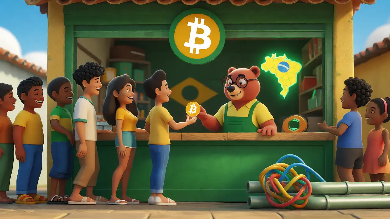 Happy customers buying Bitcoin at a friendly Brazilian storefront