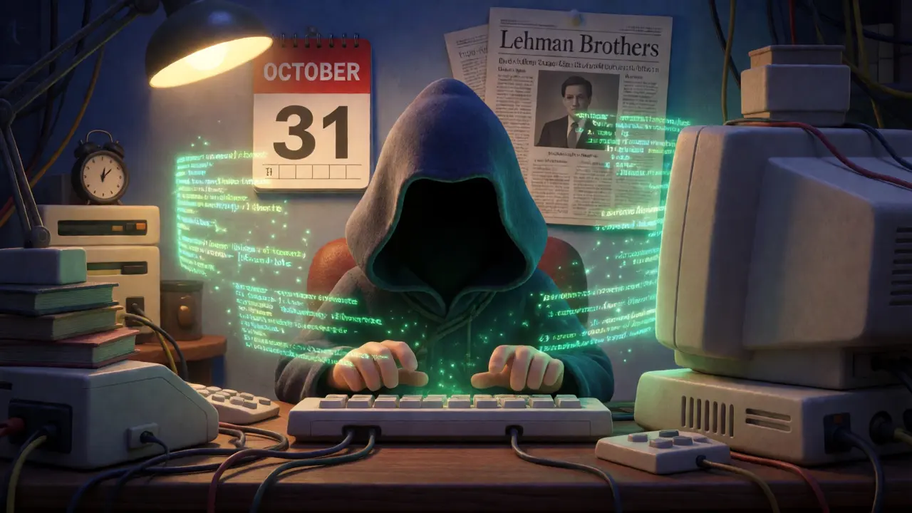 Mysterious hooded figure typing on a retro computer surrounded by floating code streams.