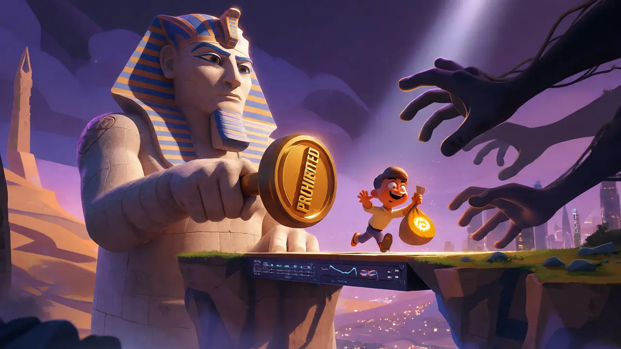 Pharaoh statue blocking cartoon character crossing bridge with crypto
