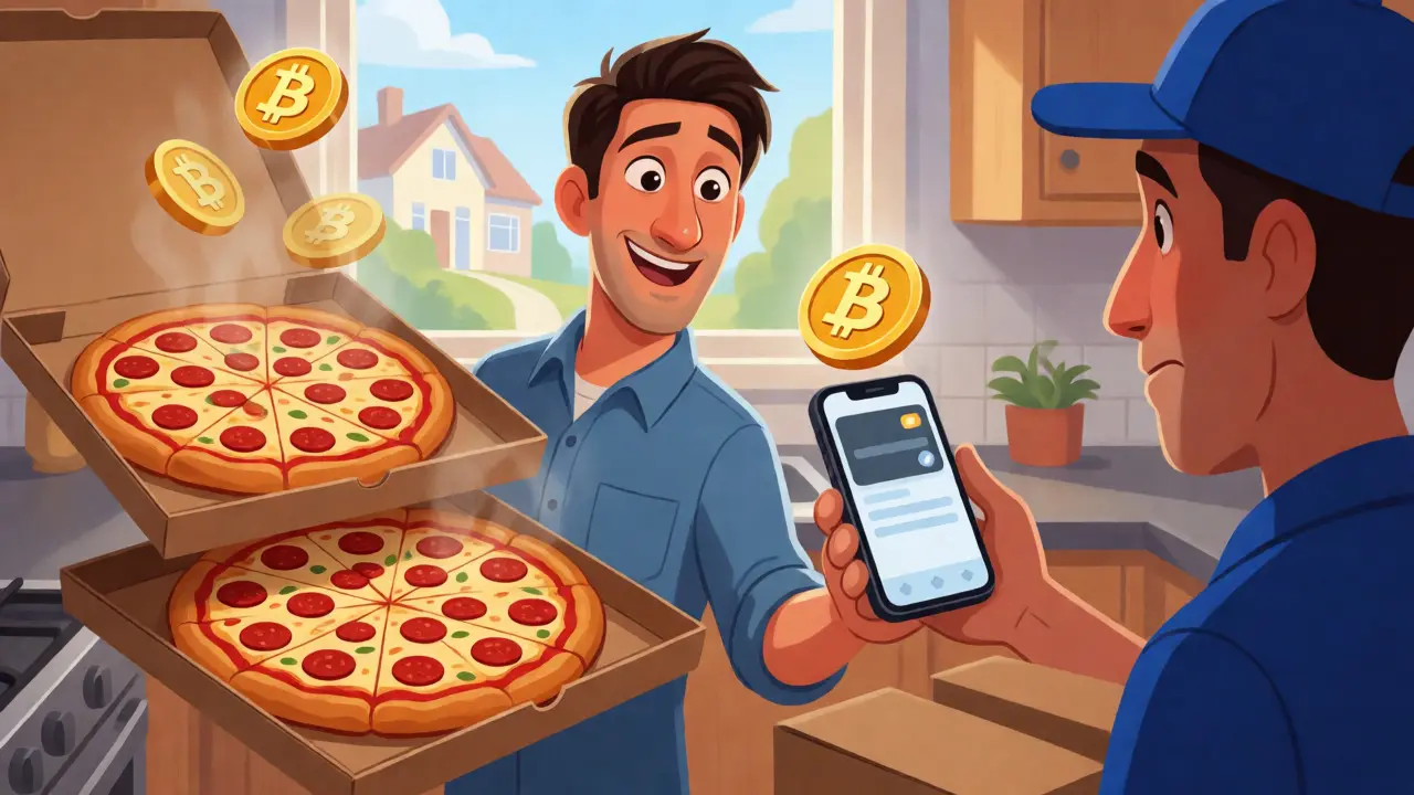 Programmer exchanging a smartphone for two pizzas in a bright, cartoon-style kitchen.
