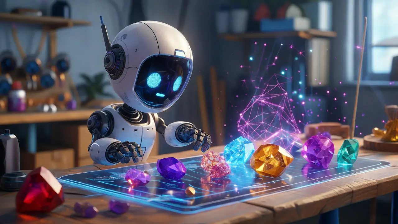 Robot crafting jewelry NFTs from gems in a tech workshop