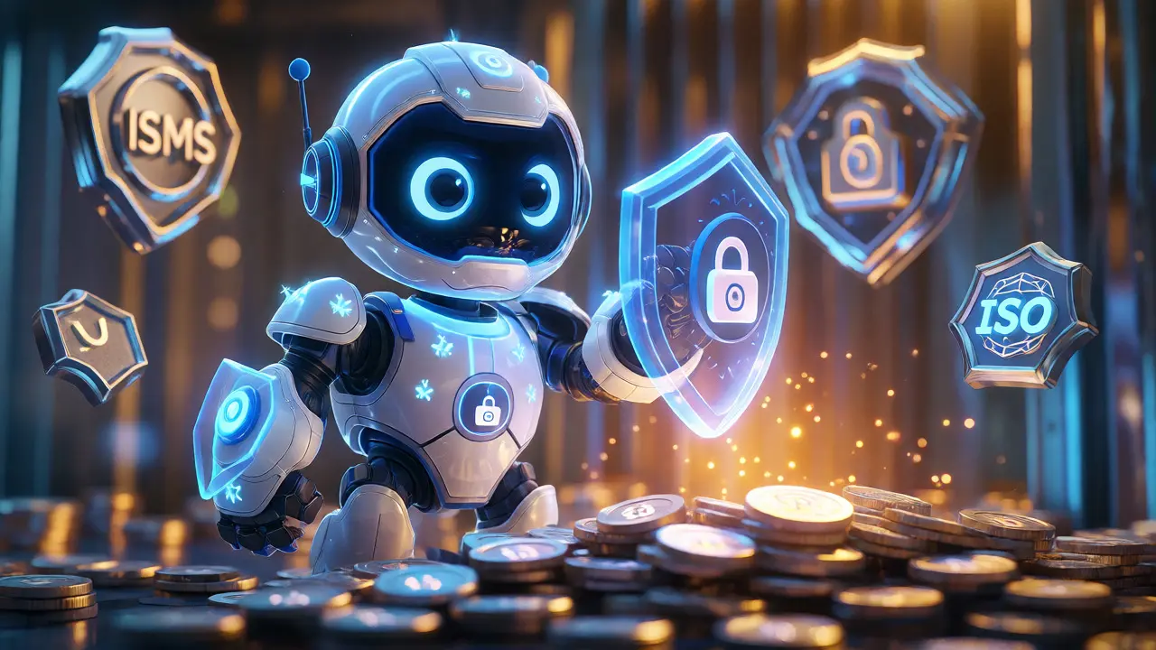 Robot guardian protecting a vault of digital coins with certification badges