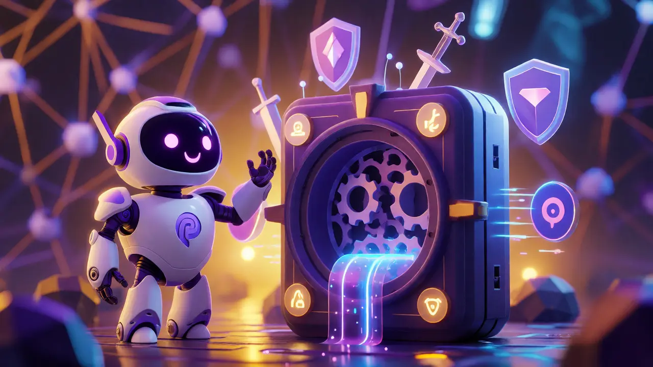Robot mascot beside a staking vault with governance symbols