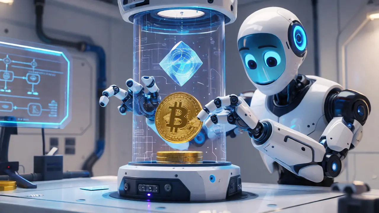 Robotic arm placing a gold coin into a vault to create a wrapped token.