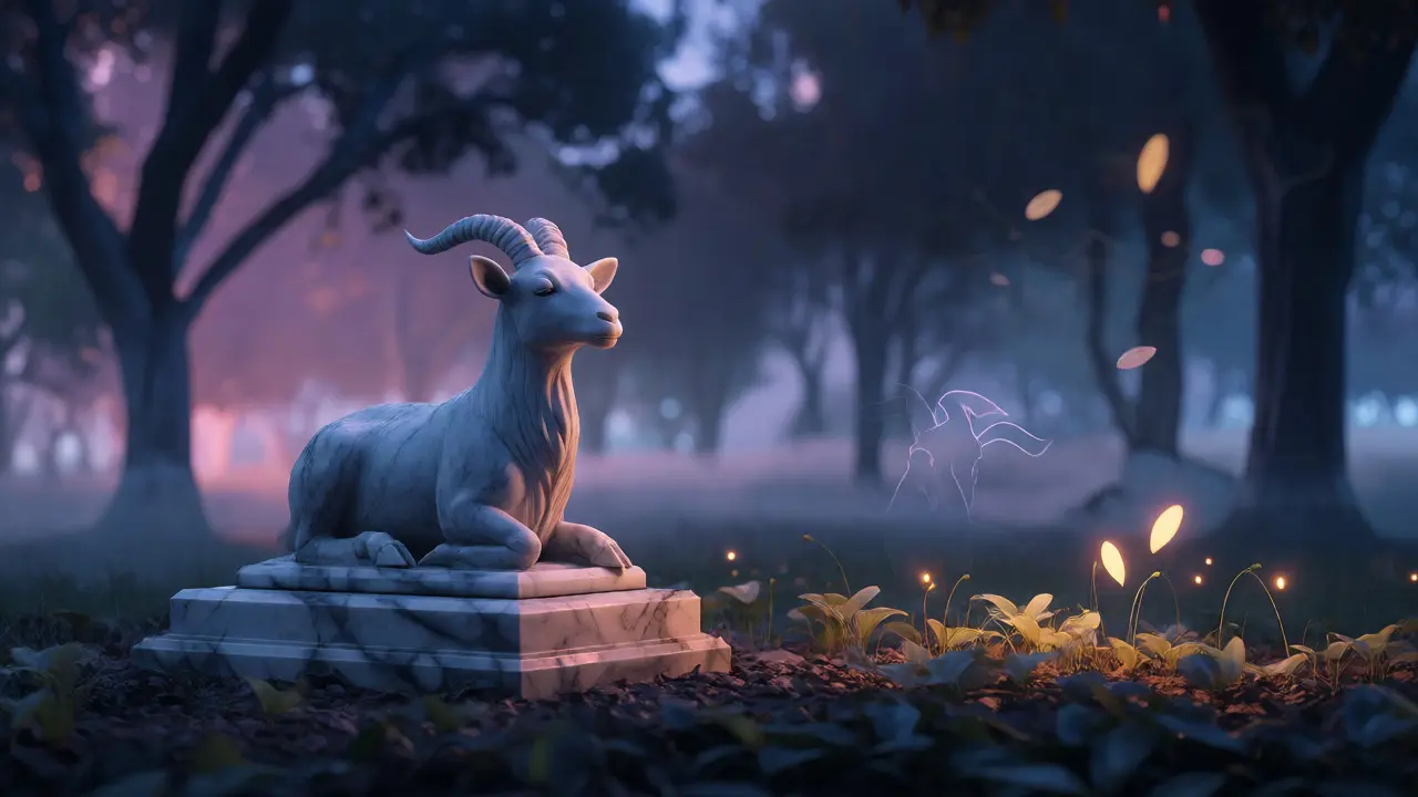 Serene marble goat statue in a misty digital park symbolizing market stability.