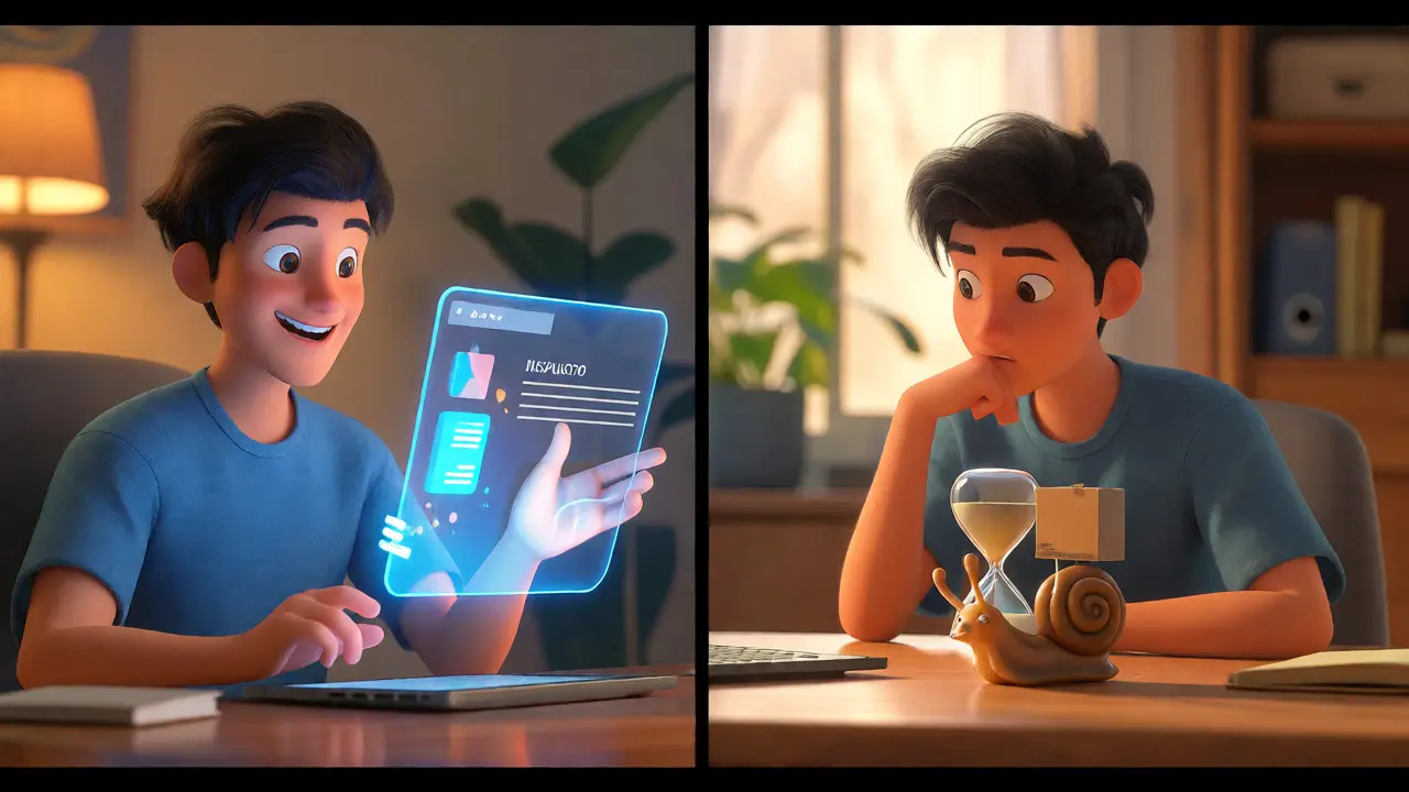 Split scene showing fast digital trades versus slow support represented by a snail.