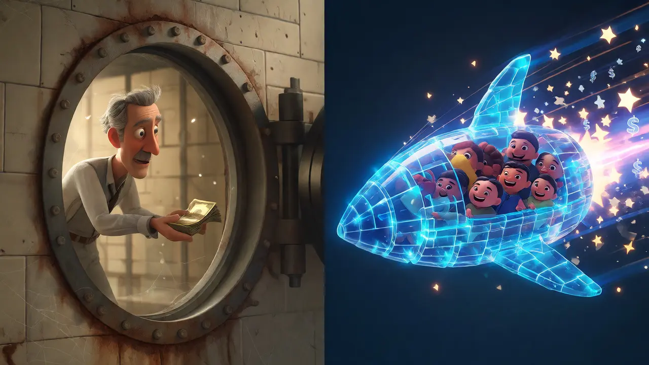 Split view of slow rusty bank vault versus fast blue crypto rocket