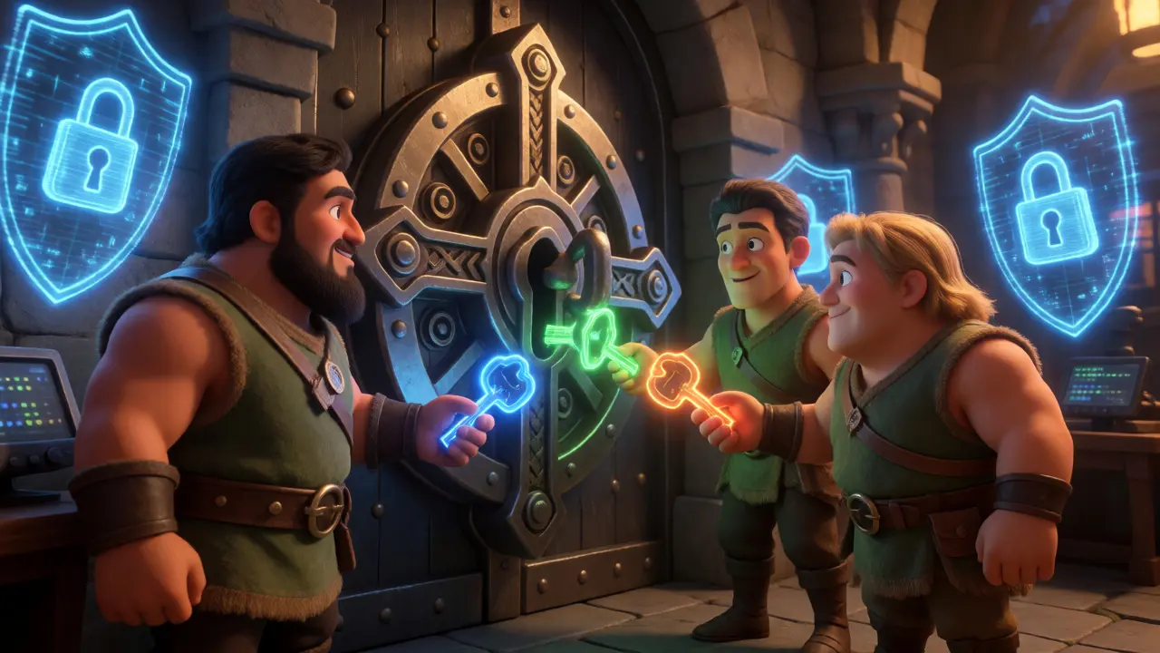 Three cartoon guardians securing a vault with multi-signature keys.