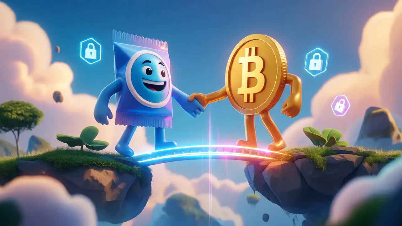 Two crypto characters shaking hands on a light bridge to represent secure peer-to-peer swaps.