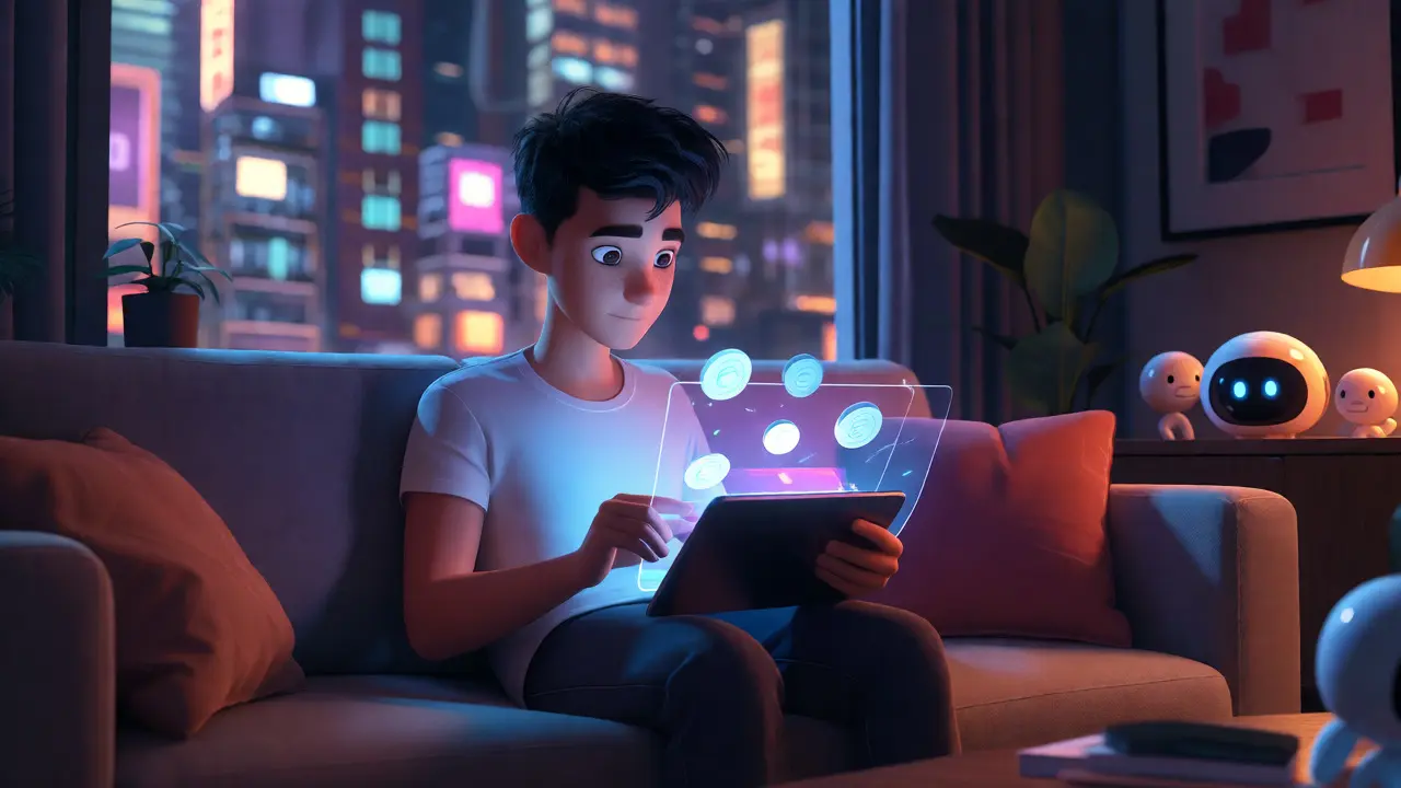 User trading on a holographic tablet in a cozy, private room with floating token holograms.