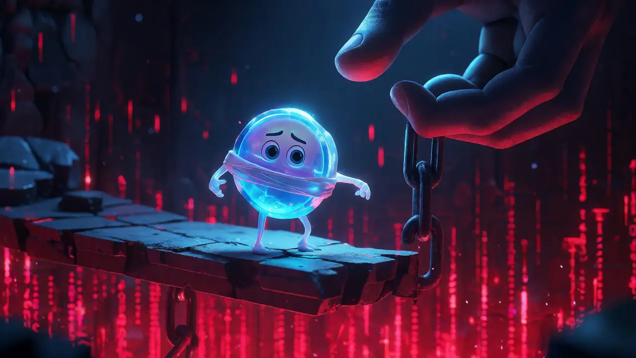 Worried wrapped token character balancing over a glitchy abyss.