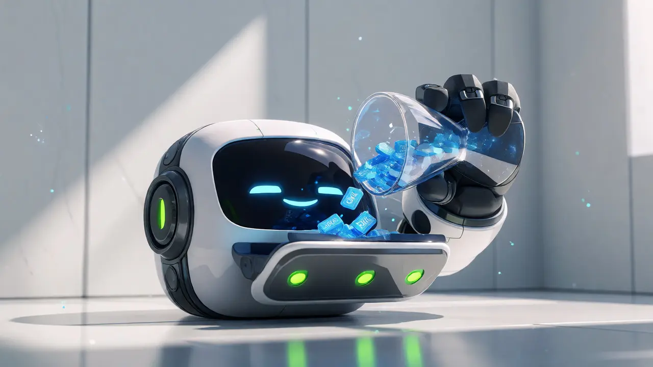 A cute robot pouring sparkling blue tokens into itself from an hourglass, illustrating auto-claims.