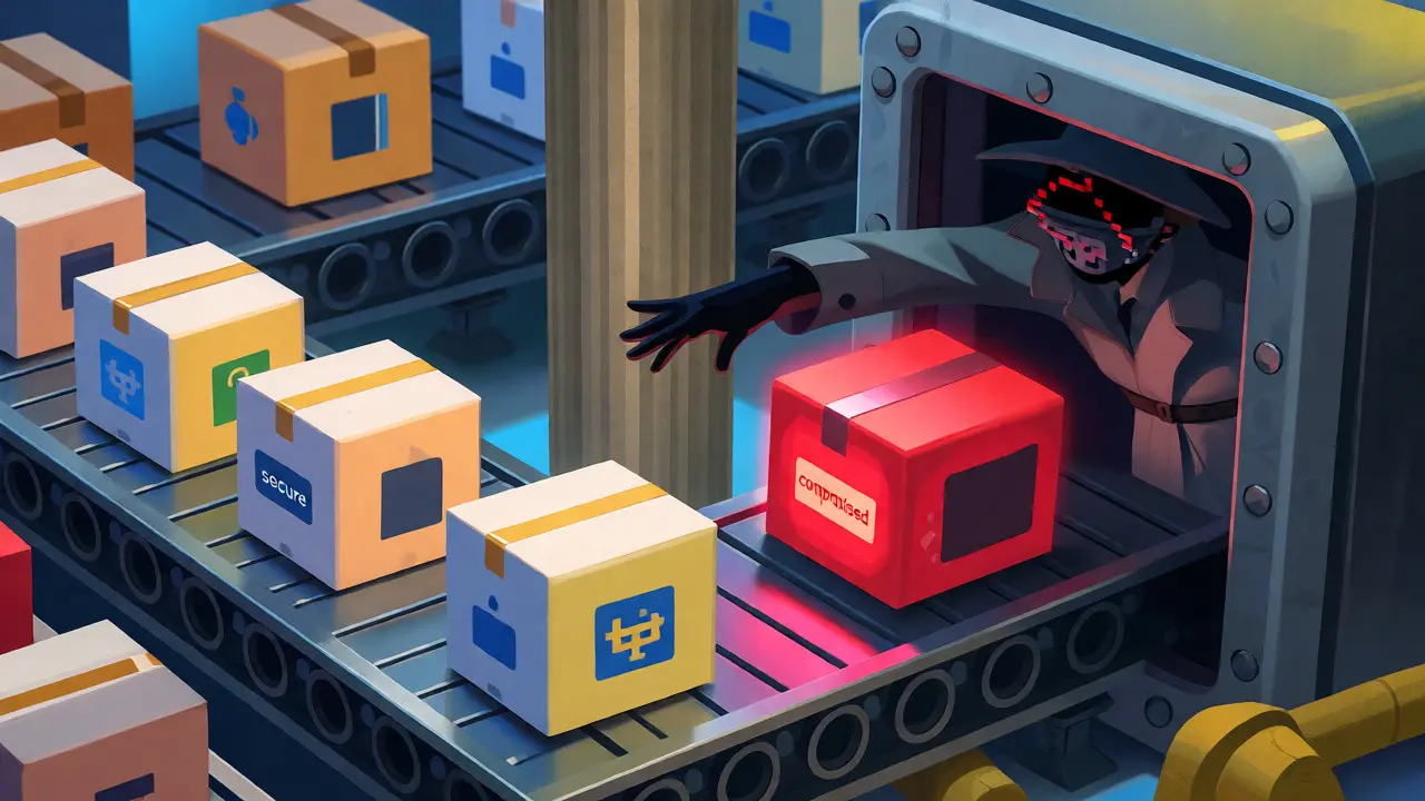 A masked figure swaps secure software boxes on a conveyor belt in an animated heist.