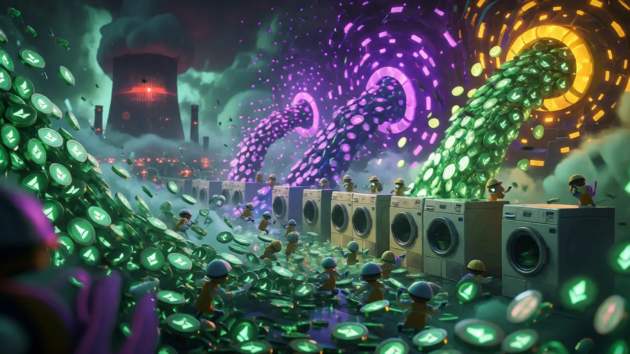 Cartoon bots launder glowing crypto tokens through mixing machines near a nuclear plant.