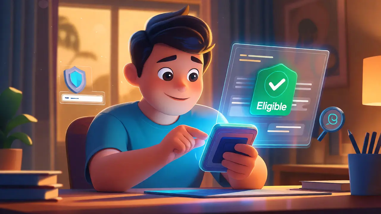 Cartoon character verifying eligibility on a holographic dashboard with a green checkmark.