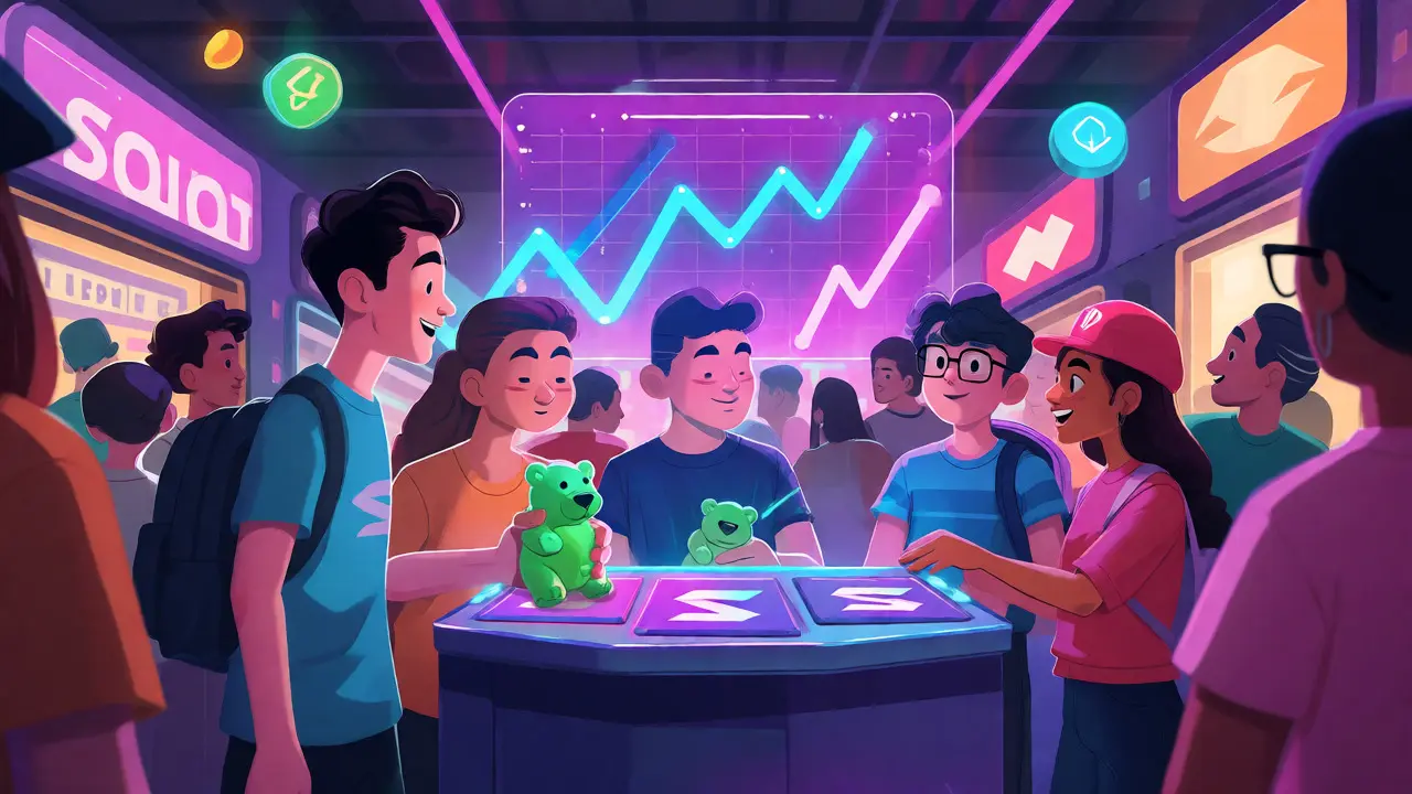 Cartoon characters trading in a vibrant digital marketplace