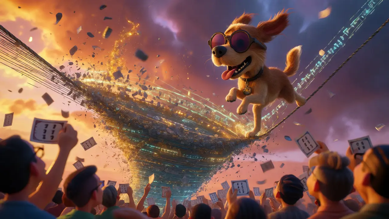 Cartoon dog balancing on code tightrope over a swirling digital vortex