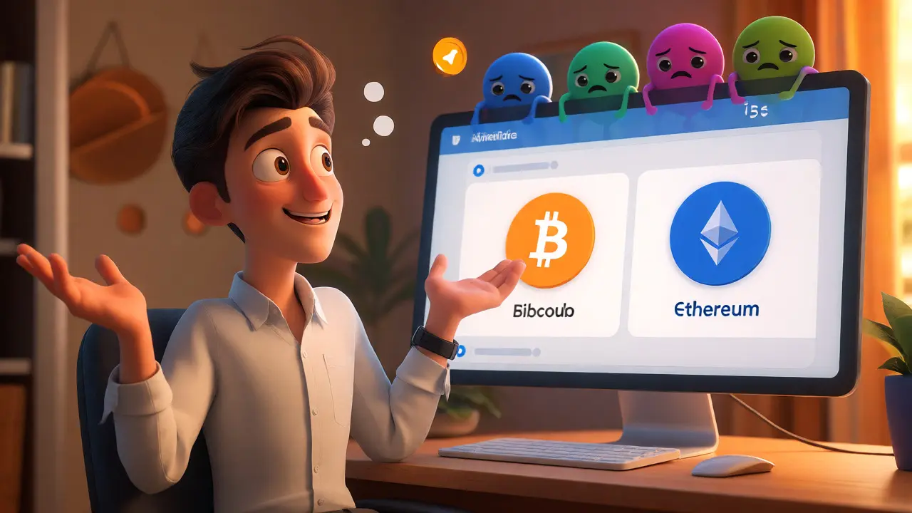 Cartoon trader using a simple interface with few assets, ignoring crowded altcoins.
