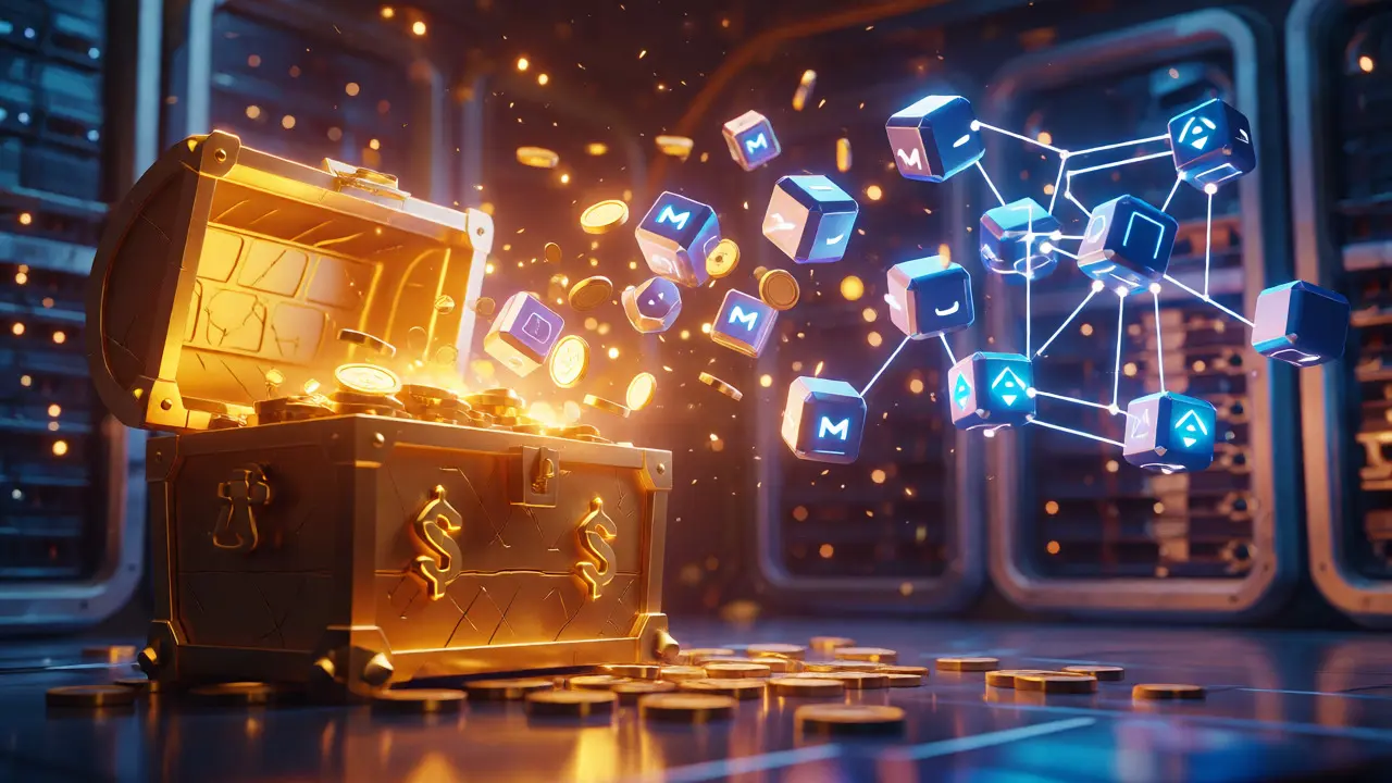 Golden treasure transforming into MNT tokens building a blockchain network