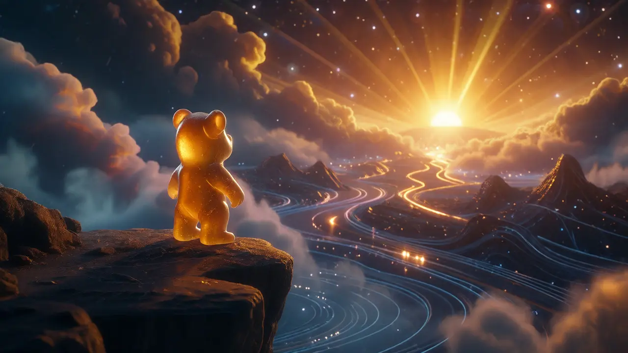 Gummy bear looking at sunrise over digital landscape