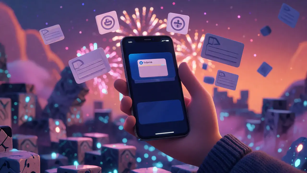 Hand holding phone with faded crypto rewards in twilight