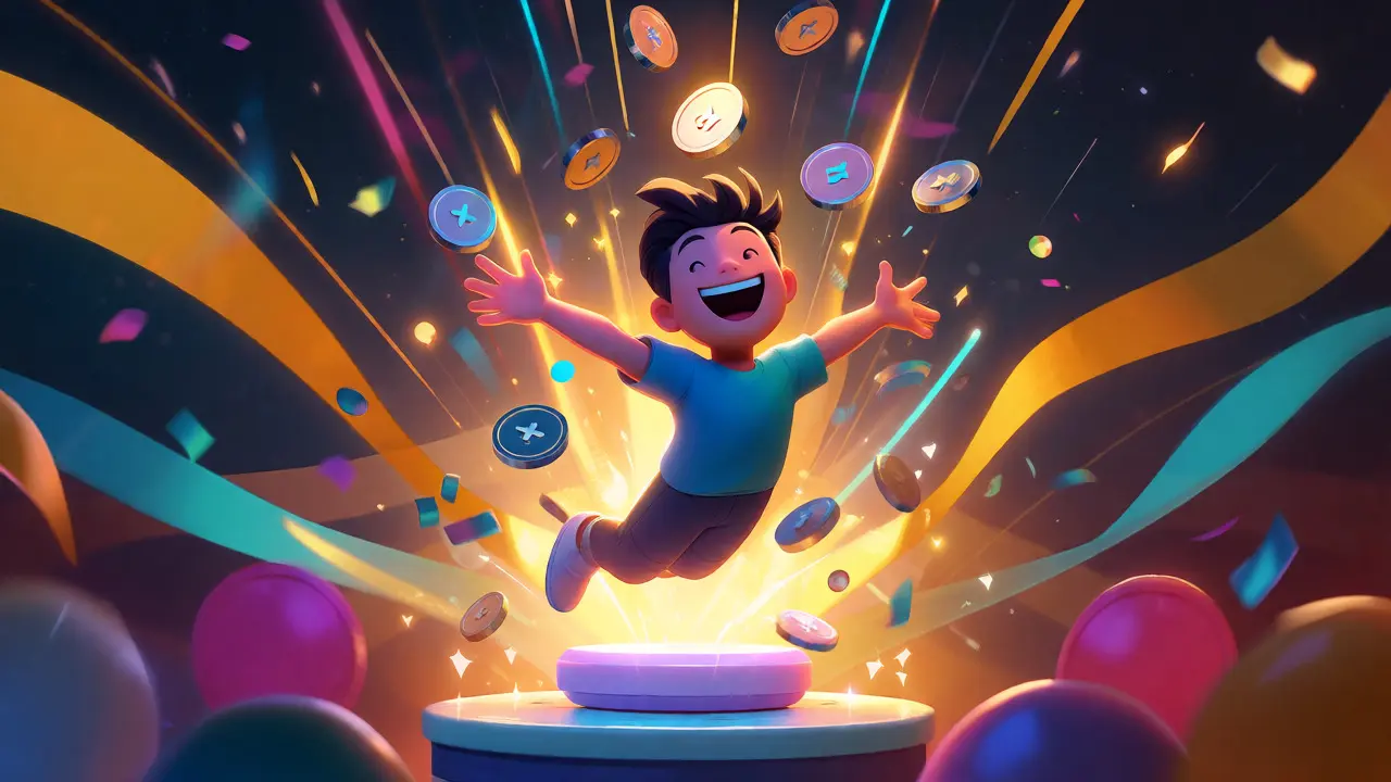 Joyful avatar catching sparkling XCV coins in a celebratory burst of light and confetti.